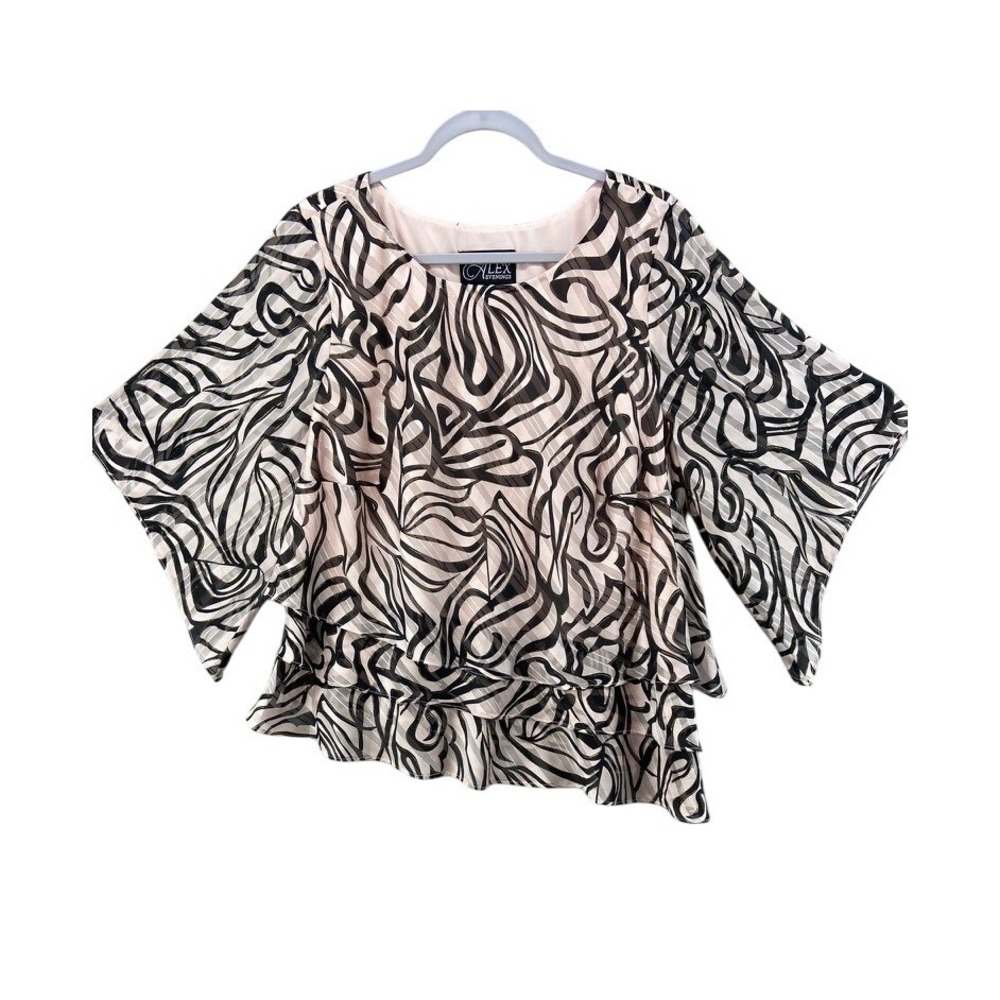 Alex Evenings Blouse Womens 1X Pink‎ Black Gold Abstract Tiered Bell Sleeve Top
